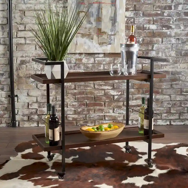 Rolling Bar Cart with Wood Look Shelving, Handle & Lockable Casters