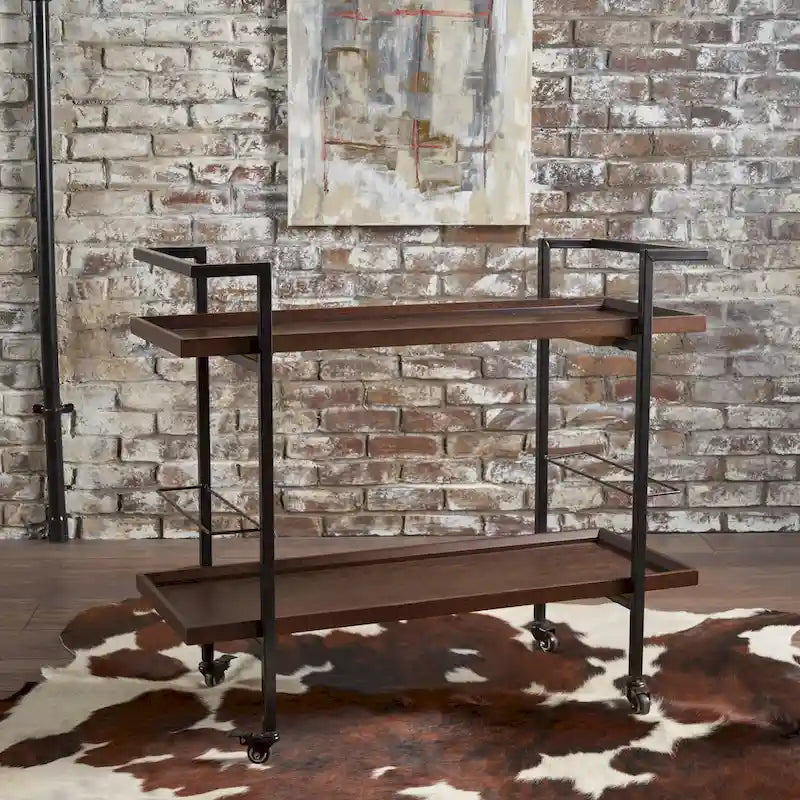 Rolling Bar Cart with Wood Look Shelving, Handle & Lockable Casters