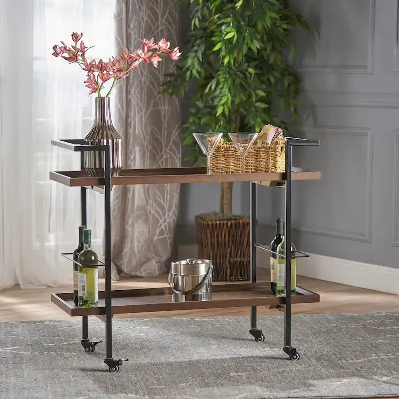 Rolling Bar Cart with Wood Look Shelving, Handle & Lockable Casters