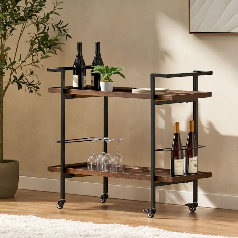 Rolling Bar Cart with Wood Look Shelving, Handle & Lockable Casters