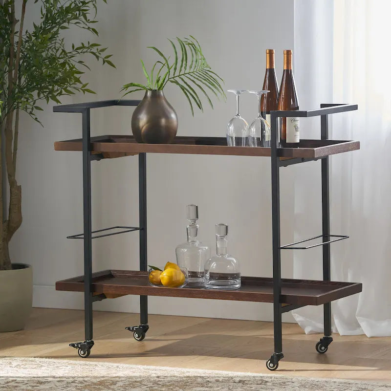 Rolling Bar Cart with Wood Look Shelving, Handle & Lockable Casters