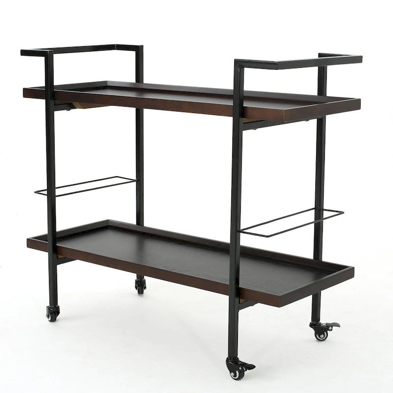 Rolling Bar Cart with Wood Look Shelving, Handle & Lockable Casters