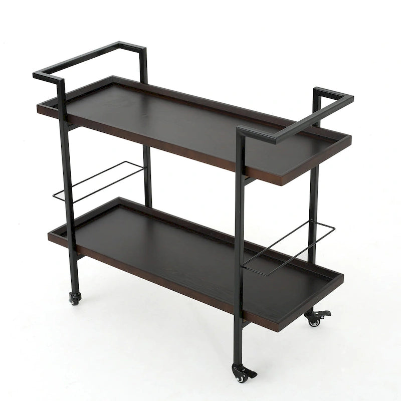 Rolling Bar Cart with Wood Look Shelving, Handle & Lockable Casters