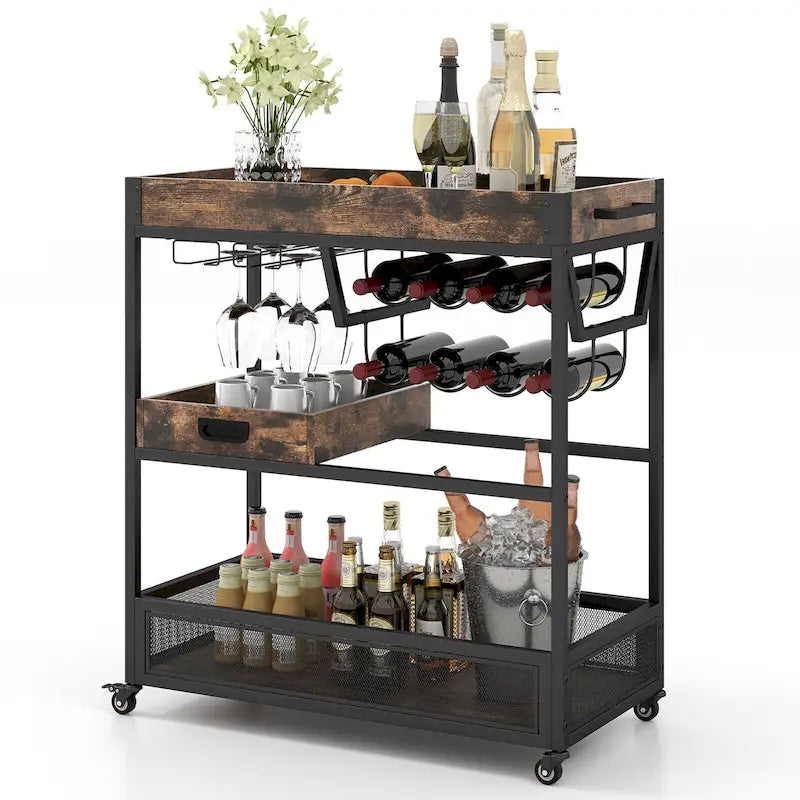 Rolling Bar Cart 3-Tier Industrial Buffet Serving Trolley