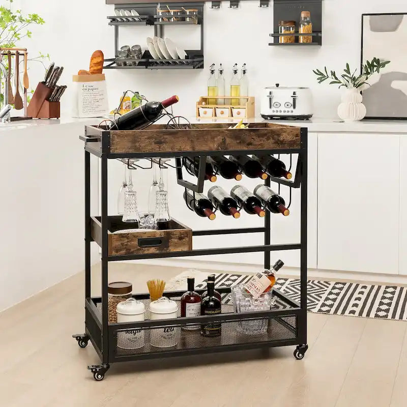 Rolling Bar Cart 3-Tier Industrial Buffet Serving Trolley