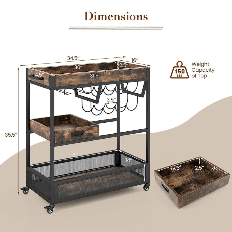 Rolling Bar Cart 3-Tier Industrial Buffet Serving Trolley