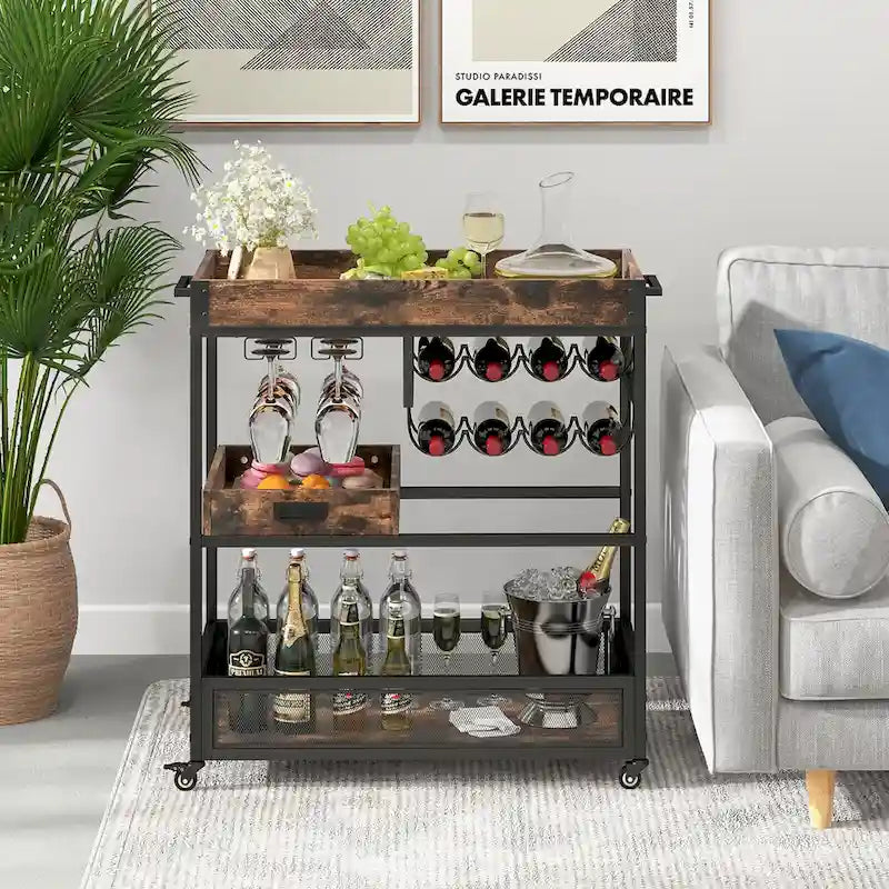 Rolling Bar Cart 3-Tier Industrial Buffet Serving Trolley