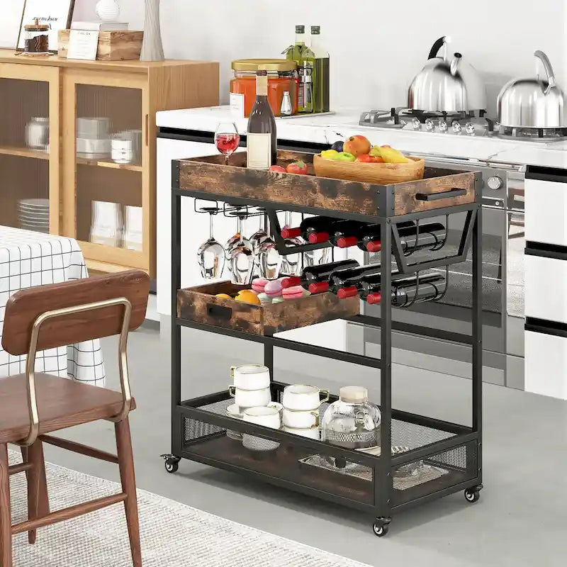Rolling Bar Cart 3-Tier Industrial Buffet Serving Trolley