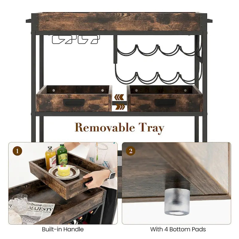 Rolling Bar Cart 3-Tier Industrial Buffet Serving Trolley