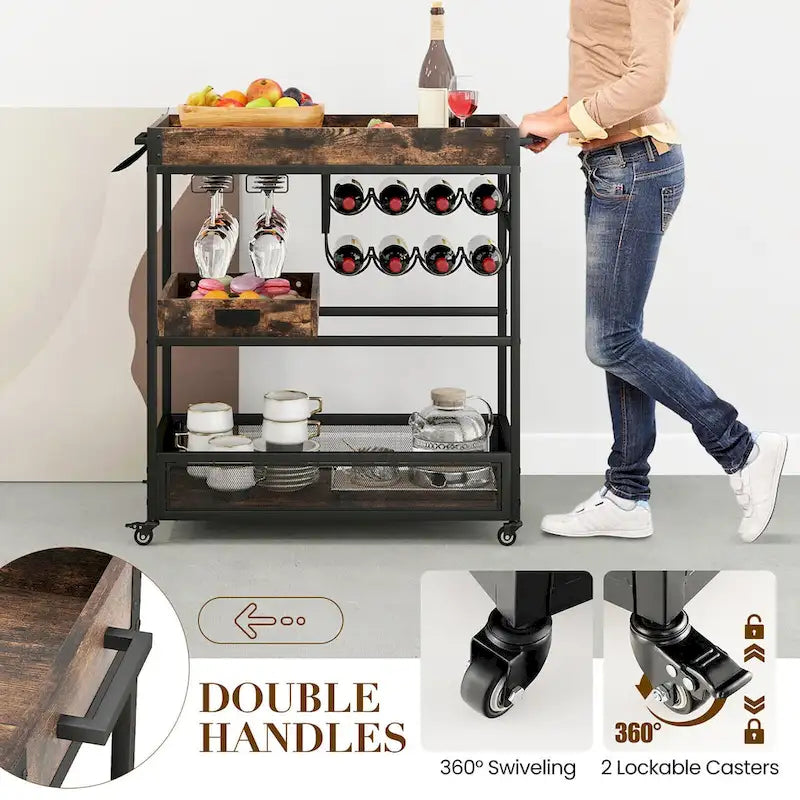 Rolling Bar Cart 3-Tier Industrial Buffet Serving Trolley