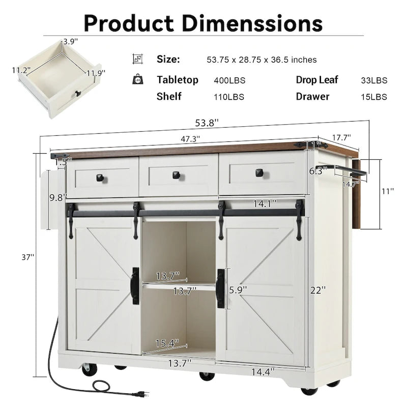 Farmhouse Kitchen Island With Power Outlet (Stool Not Included)