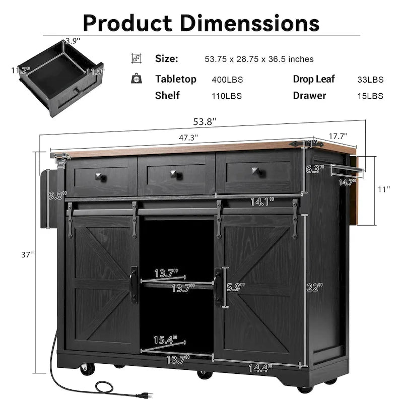 Farmhouse Kitchen Island With Power Outlet (Stool Not Included)