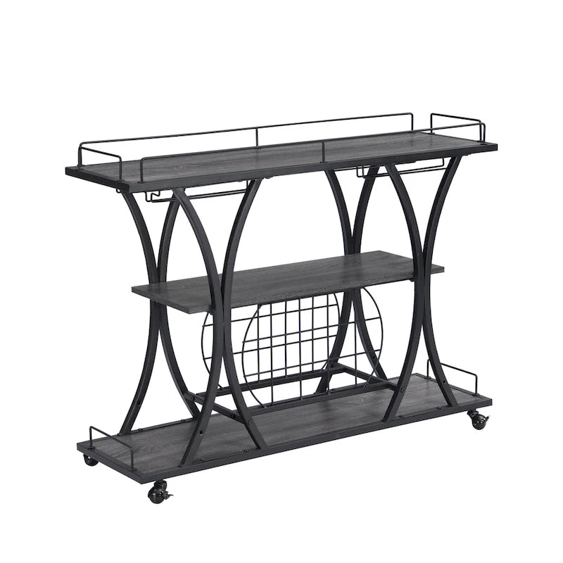 Industrial Bar Cart with Wheels – 3-Tier Storage Shelves