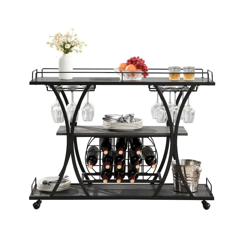 Industrial Bar Cart with Wheels – 3-Tier Storage Shelves