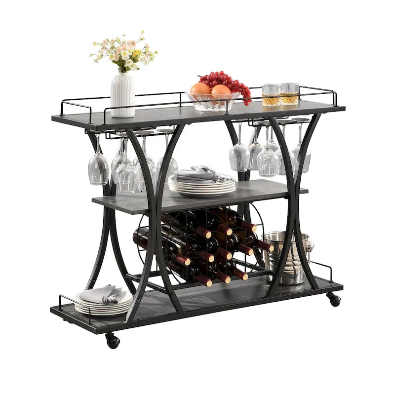 Industrial Bar Cart with Wheels – 3-Tier Storage Shelves