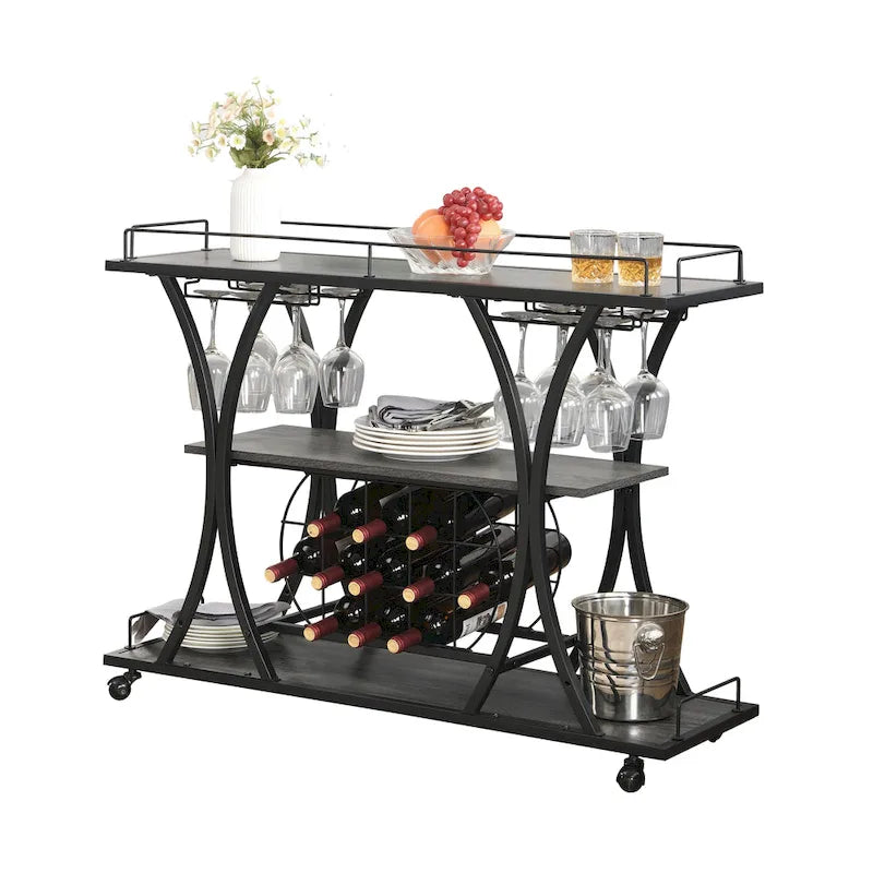 Industrial Bar Cart with Wheels – 3-Tier Storage Shelves