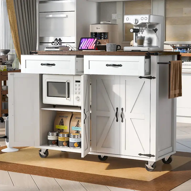 Kitchen Island with Power Outlet, Drop Leaf, Spice Rack and Drawer
