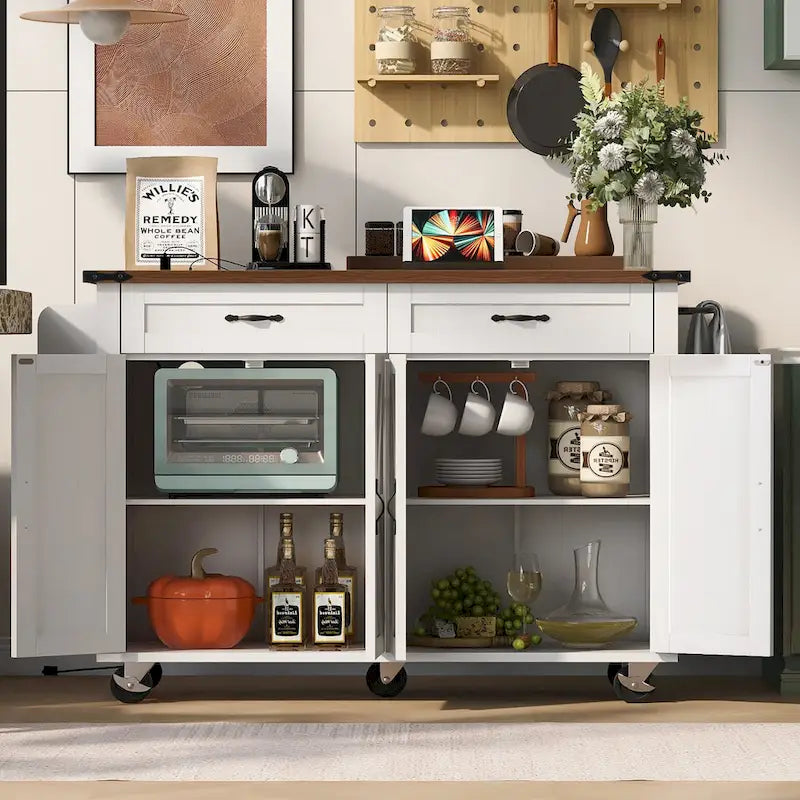 Kitchen Island with Power Outlet, Drop Leaf, Spice Rack and Drawer