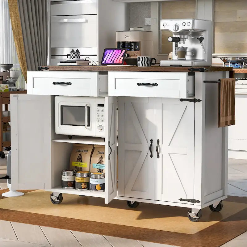 Kitchen Island with Power Outlet, Drop Leaf, Spice Rack and Drawer