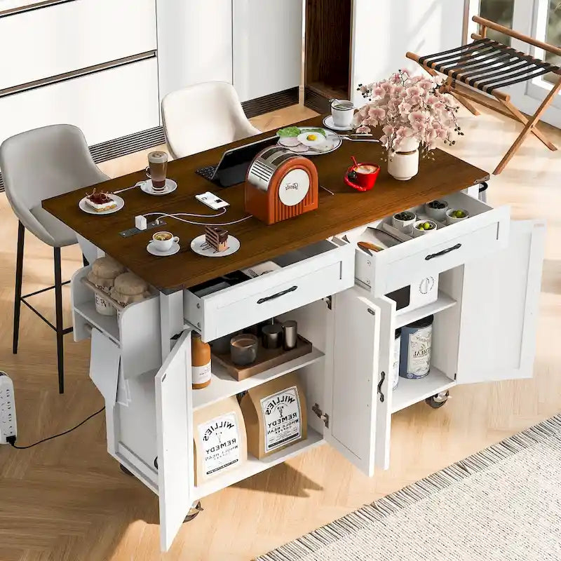 Kitchen Island with Power Outlet, Drop Leaf, Spice Rack and Drawer