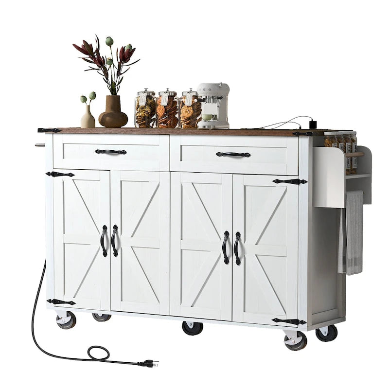 Kitchen Island with Power Outlet, Drop Leaf, Spice Rack and Drawer