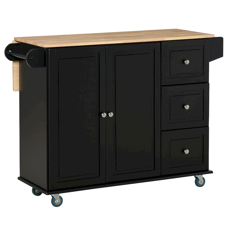 Rolling Kitchen Island with Drop Leaf, 3 Drawers & 2-Door Cabinet