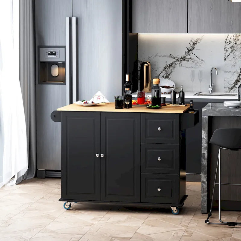Rolling Kitchen Island with Drop Leaf, 3 Drawers & 2-Door Cabinet