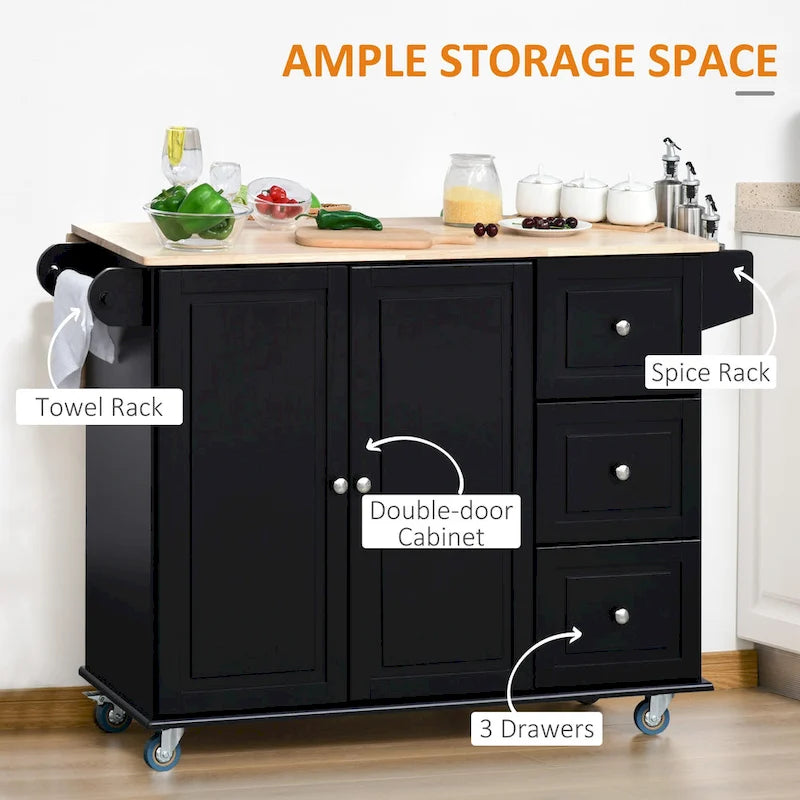 Rolling Kitchen Island with Drop Leaf, 3 Drawers & 2-Door Cabinet