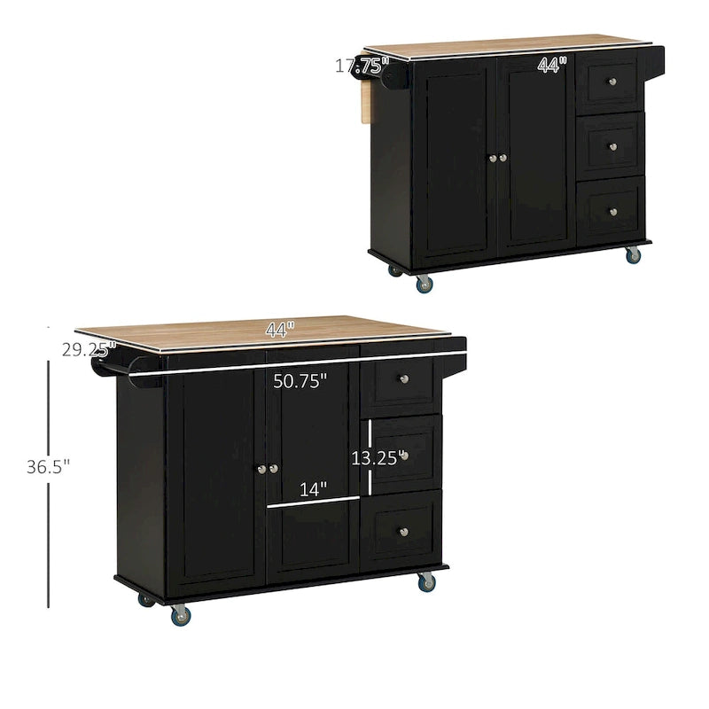 Rolling Kitchen Island with Drop Leaf, 3 Drawers & 2-Door Cabinet