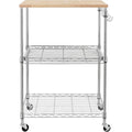 Oak Wood Kitchen Cart with Wheels, Slider Shelf & Hooks for Microwave and Coffee Storage