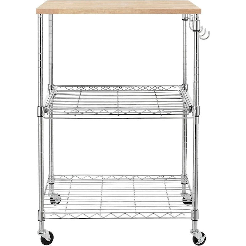 Oak Wood Kitchen Cart with Wheels, Slider Shelf & Hooks for Microwave and Coffee Storage