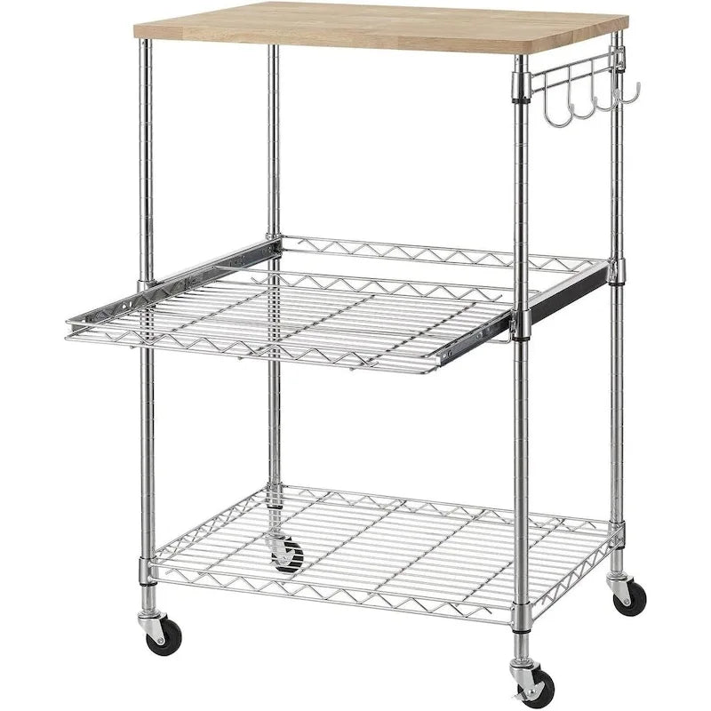 Oak Wood Kitchen Cart with Wheels, Slider Shelf & Hooks for Microwave and Coffee Storage