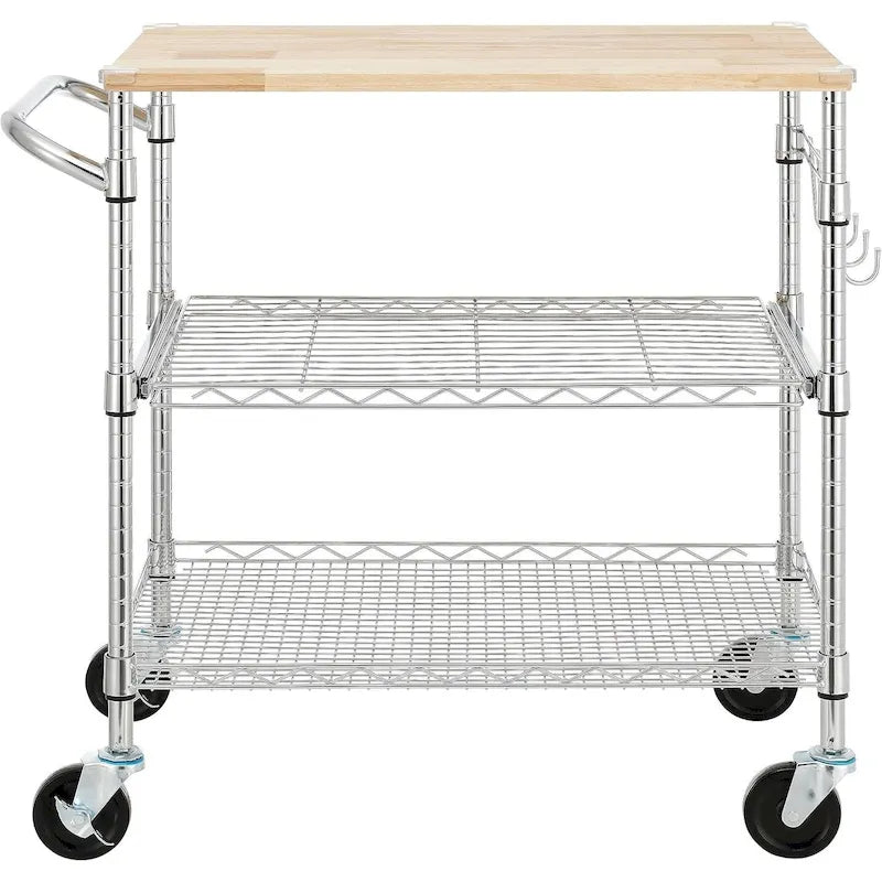 Oak Wood Kitchen Cart with Wheels, Slider Shelf & Hooks for Microwave and Coffee Storage