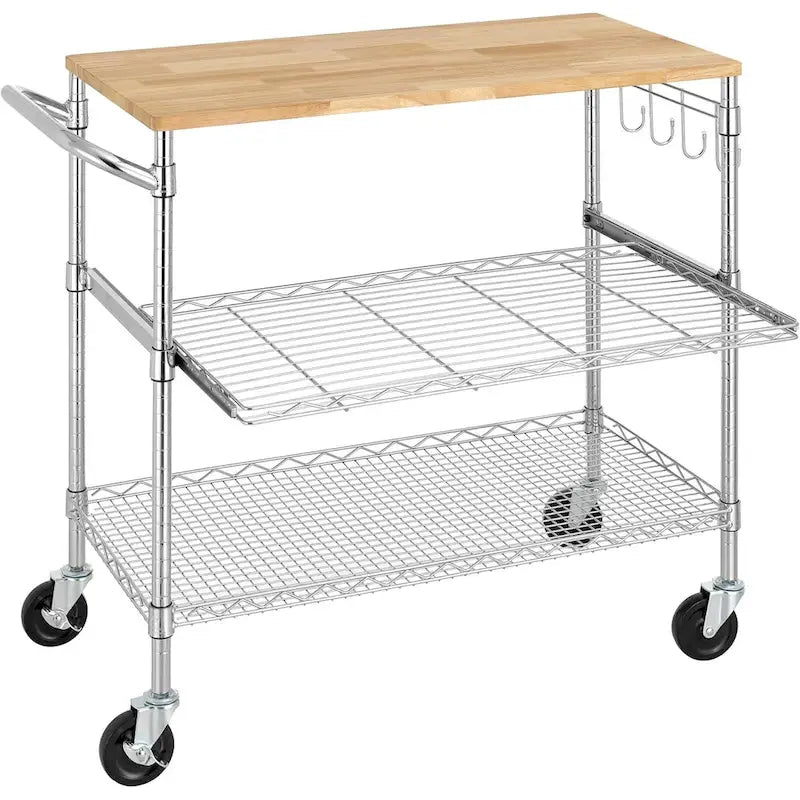 Oak Wood Kitchen Cart with Wheels, Slider Shelf & Hooks for Microwave and Coffee Storage