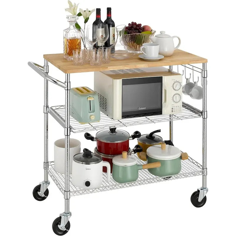 Oak Wood Kitchen Cart with Wheels, Slider Shelf & Hooks for Microwave and Coffee Storage