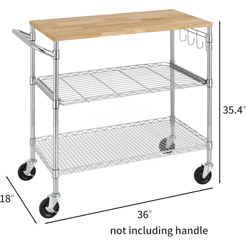 Oak Wood Kitchen Cart with Wheels, Slider Shelf & Hooks for Microwave and Coffee Storage