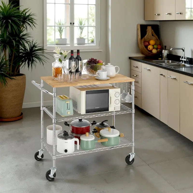 Oak Wood Kitchen Cart with Wheels, Slider Shelf & Hooks for Microwave and Coffee Storage
