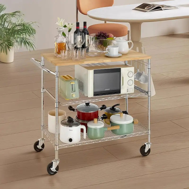 Oak Wood Kitchen Cart with Wheels, Slider Shelf & Hooks for Microwave and Coffee Storage