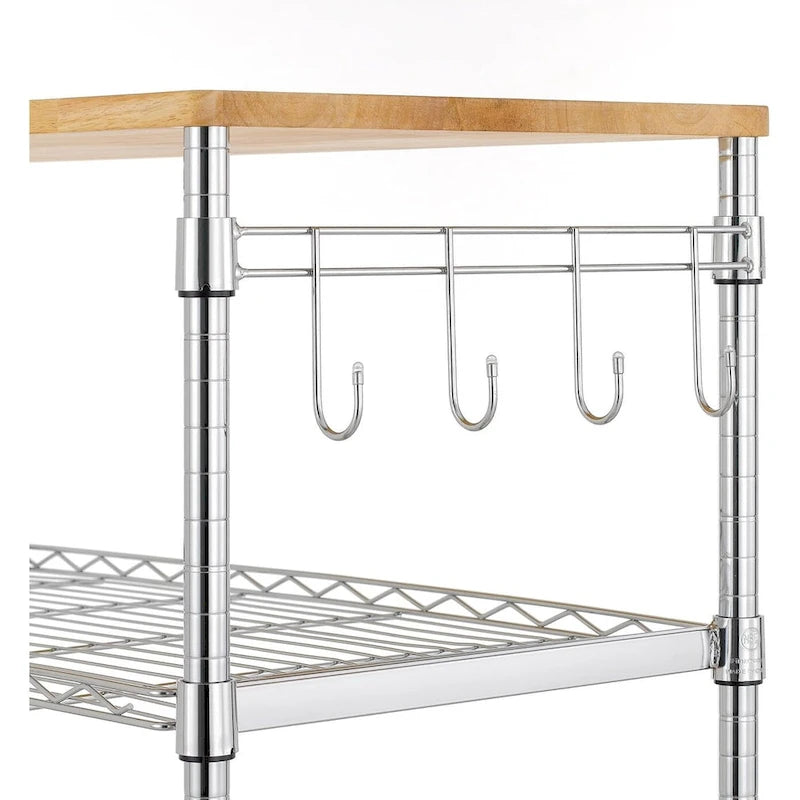 Oak Wood Kitchen Cart with Wheels, Slider Shelf & Hooks for Microwave and Coffee Storage
