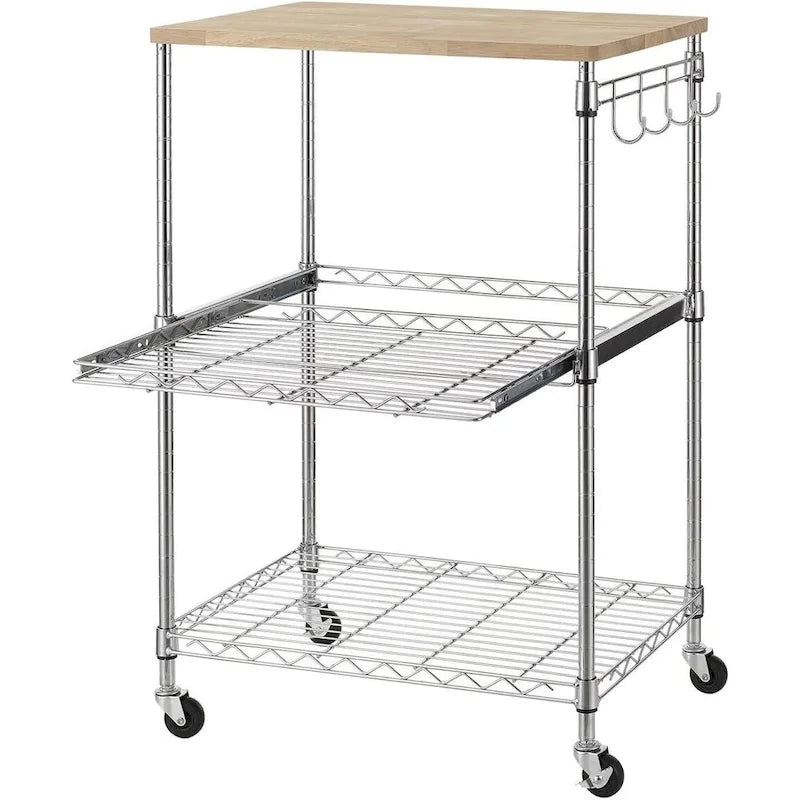 Oak Wood Kitchen Cart with Wheels, Slider Shelf & Hooks for Microwave and Coffee Storage