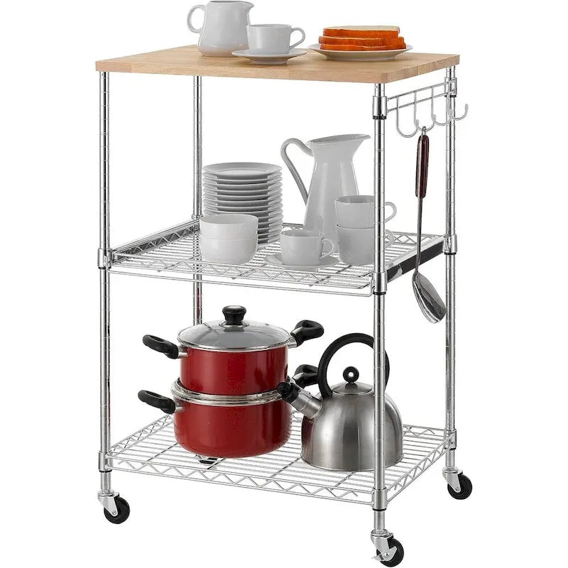 Oak Wood Kitchen Cart with Wheels, Slider Shelf & Hooks for Microwave and Coffee Storage