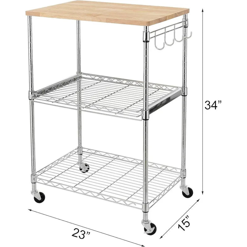 Oak Wood Kitchen Cart with Wheels, Slider Shelf & Hooks for Microwave and Coffee Storage