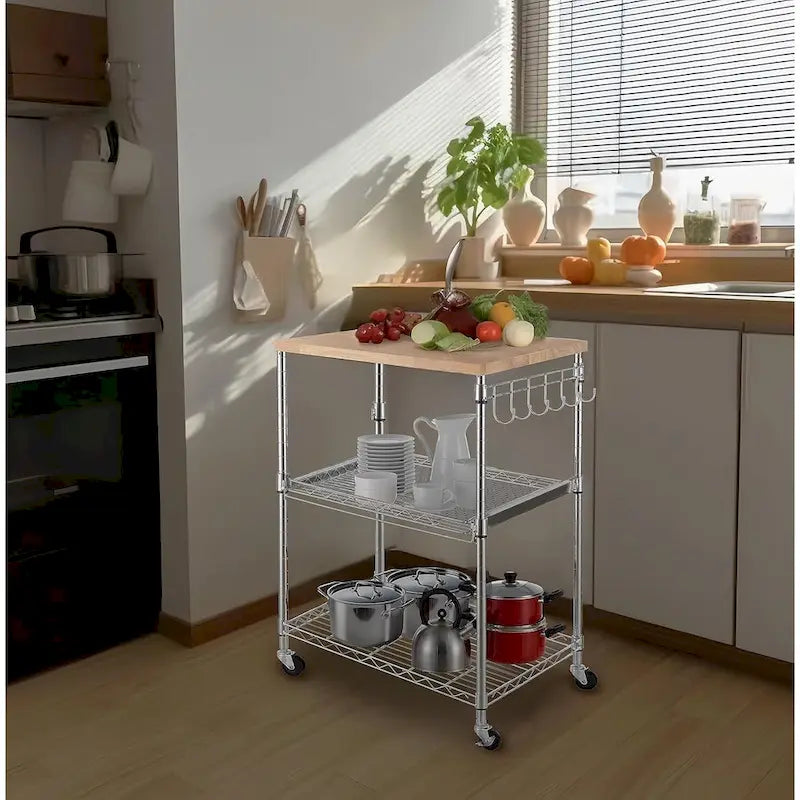 Oak Wood Kitchen Cart with Wheels, Slider Shelf & Hooks for Microwave and Coffee Storage