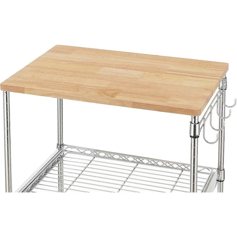 Oak Wood Kitchen Cart with Wheels, Slider Shelf & Hooks for Microwave and Coffee Storage