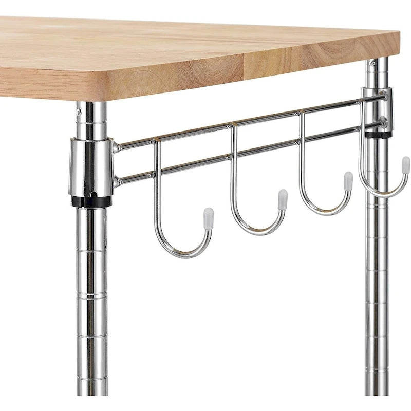 Oak Wood Kitchen Cart with Wheels, Slider Shelf & Hooks for Microwave and Coffee Storage