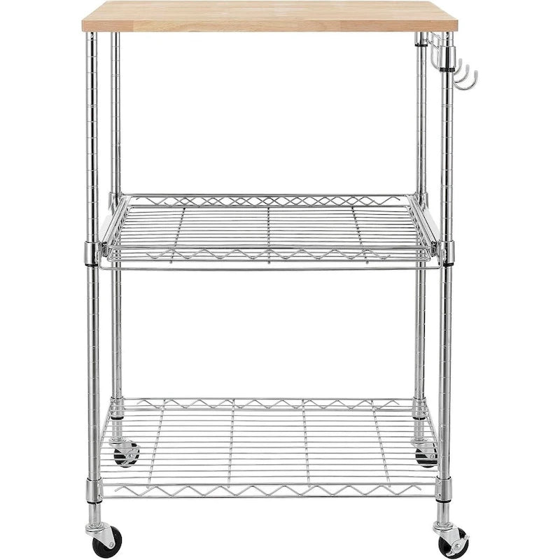 Oak Wood Kitchen Cart with Wheels, Slider Shelf & Hooks for Microwave and Coffee Storage