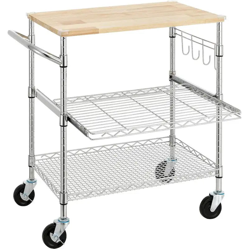 Oak Wood Kitchen Cart with Wheels, Slider Shelf & Hooks for Microwave and Coffee Storage