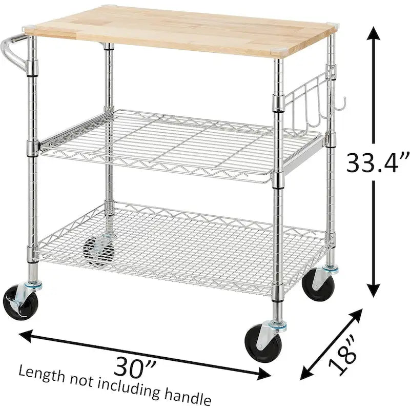 Oak Wood Kitchen Cart with Wheels, Slider Shelf & Hooks for Microwave and Coffee Storage