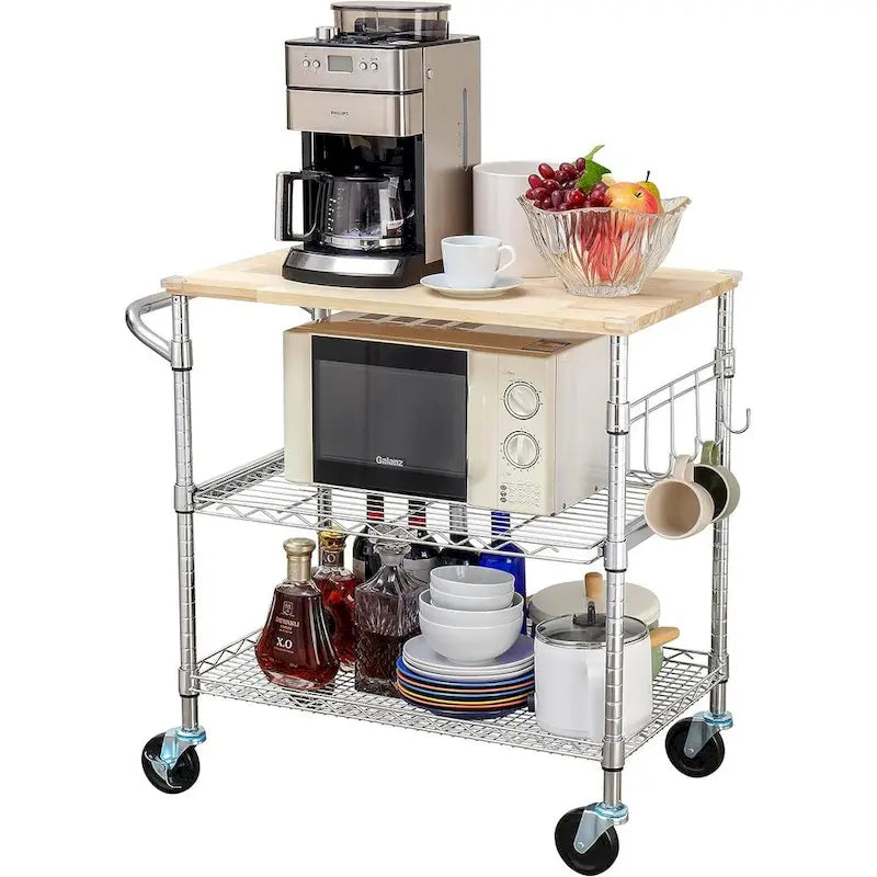 Oak Wood Kitchen Cart with Wheels, Slider Shelf & Hooks for Microwave and Coffee Storage