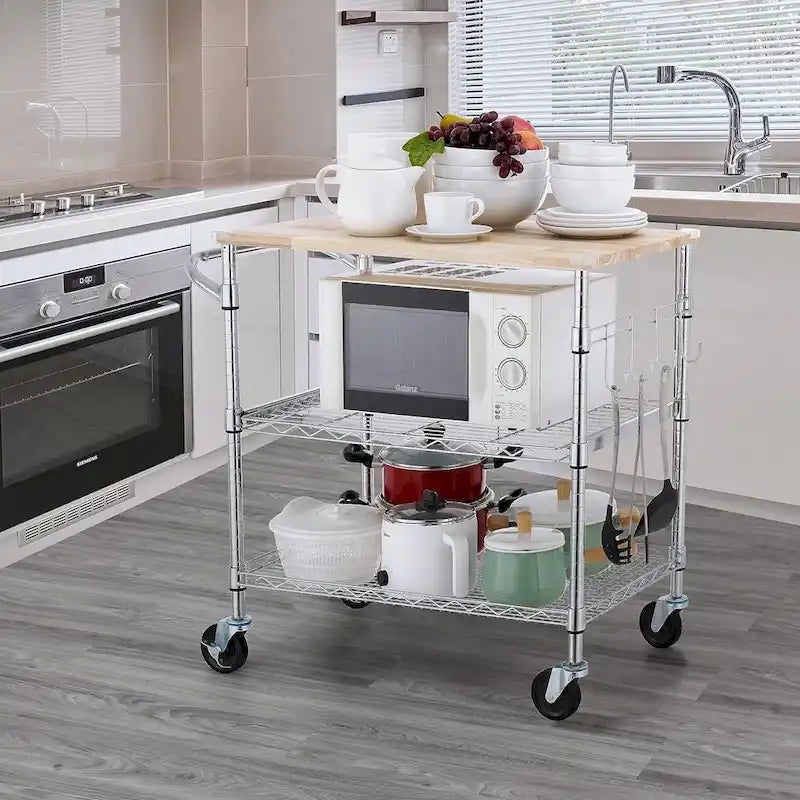 Oak Wood Kitchen Cart with Wheels, Slider Shelf & Hooks for Microwave and Coffee Storage